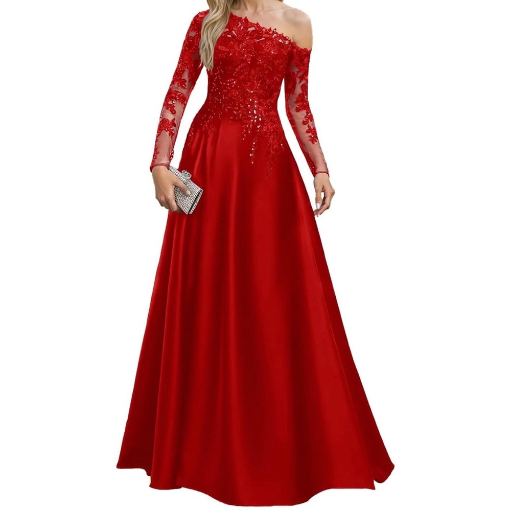 Red One Shoulder Lace Applique Sequin Formal Evening Gown Prom Dress Long Sleeve